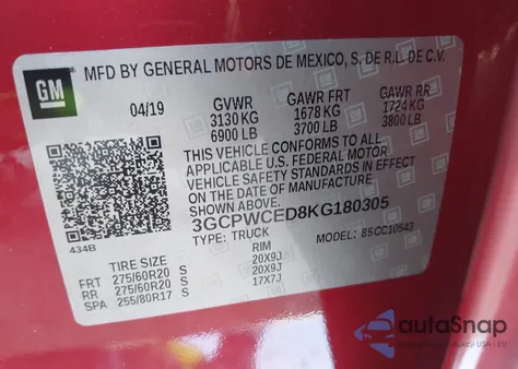 2019 Chevrolet Silverado 1500 Lt z USA, uszkodzony, nr VIN 3GCPWCED8KG180305